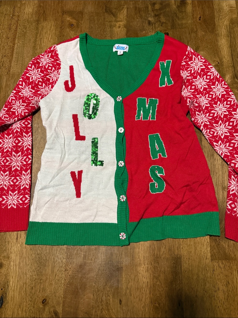 Festive Green & Red 'JOLLY XMAS' Women's Cardigan Sweater